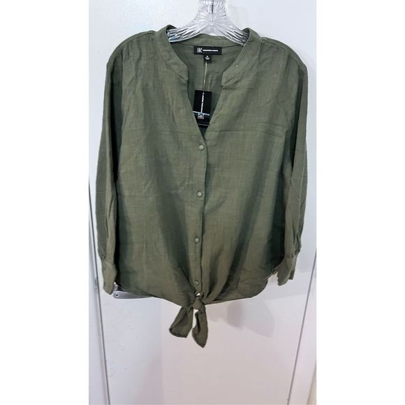 INC International Concepts Tops - INC INTERNATIONAL CONCEPTS GREEN BOTTON UP TIE BLOUSE SZ XL NEW P1-218